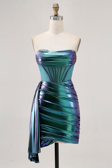 Metallic Green Corset Ruched Bodycon Short Prom Dress